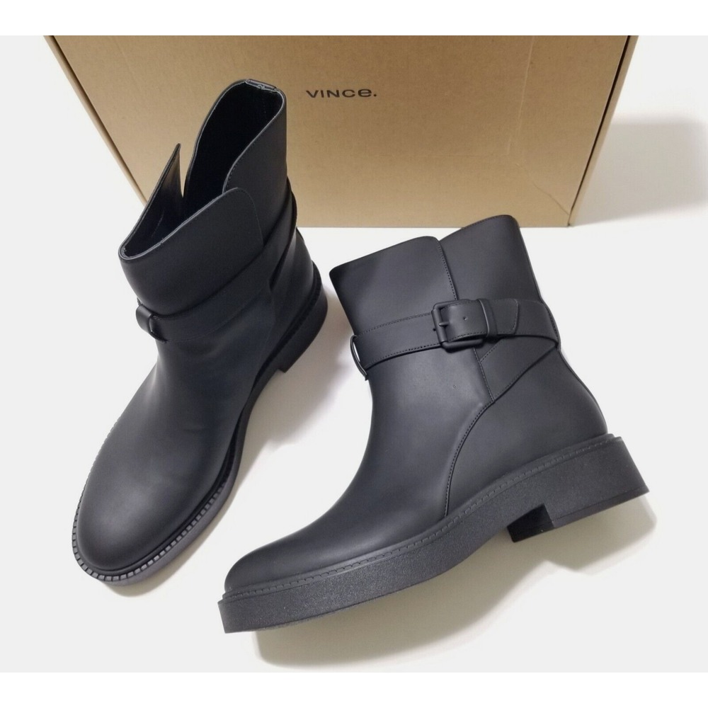 NIB Vince Kaelyn Leather Waterproof Moto Ankle Boots Black Buckle 9.5 $350